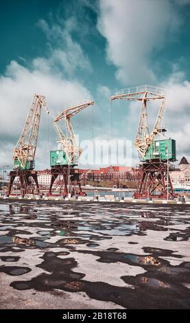 Grues portuaires sur l'île de Szczecin Lasztowia, coloration appliquée, Pologne. Banque D'Images