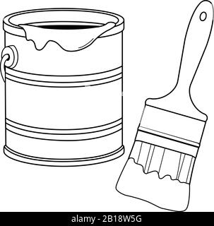 Pot de peinture et pinceau. Seau de peinture et pinceau pour la peinture. Fournitures de peinture. Page de coloriage noir et blanc vectoriel Illustration de Vecteur