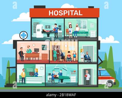 Salles de bureau médicales. Intérieur du bâtiment de l'hôpital, médecin de la clinique d'urgence en salle d'attente et médecins de chirurgie illustration vectorielle de dessin animé Illustration de Vecteur