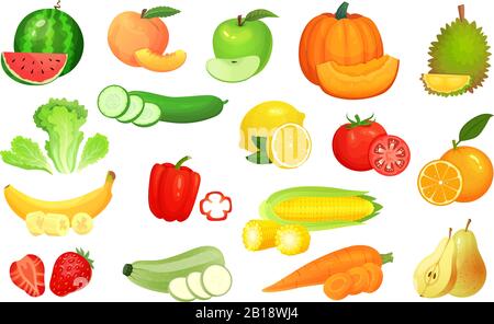Aliments en tranches. Légumes hachés et fruits en tranches. Hachez les légumes, les fruits et les baies pour découper le jeu d'illustrations vectorielles de dessins animés Illustration de Vecteur