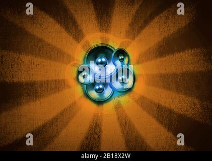 Haut-parleurs audio bleus sur fond jaune avec vignetage Banque D'Images