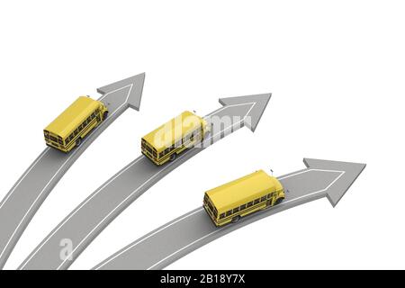 trois autobus scolaires vont dans différentes directions isolées sur le blanc au-dessus de la vue. rendu tridimensionnel Banque D'Images