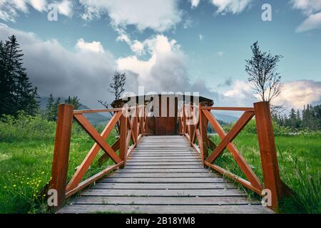 Belvédère en bois sur la prairie avec herbe verte sur fond ciel nuageux. Banque D'Images