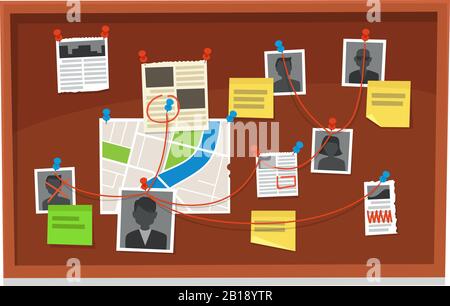 Carte de détective. Tableau des liens entre les éléments de preuve de la criminalité, journal épinglé et photos de police. L'investigation montre l'illustration vectorielle Illustration de Vecteur