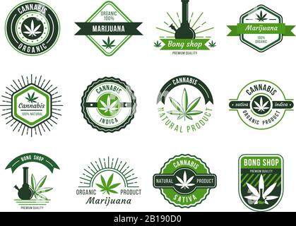 Étiquette de marijuana. Fumée de mauvaises herbes, joint de cannabis et dispositif de fumage de hachisch ou de mauvaises herbes. Jeu d'illustrations vectorielles de graines de marijuana Illustration de Vecteur
