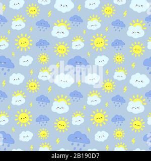 Motif ciel pluie mignon. Sourire soleil heureux, les orages avec la foudre et les nuages de jour pluvieux illustration vectorielle transparente Illustration de Vecteur