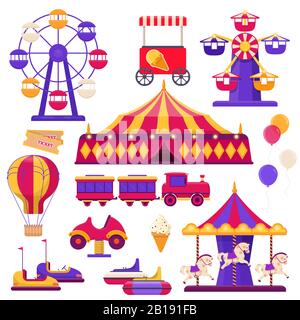 Éléments de parc d'attractions. Roue Ferris, tente de cirque, carrousels, etc. Illustration vectorielle plate Illustration de Vecteur