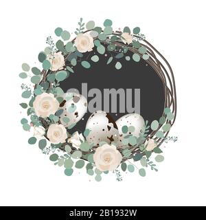 Carte vectorielle joyeuse du printemps de Pâques avec roses, branches d'eucalyptus et œufs de caille. Décor rustique vintage, blanc et maison Illustration de Vecteur