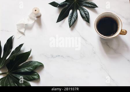 Mariage été papeterie scène maquette. Feuilles d'aralia vert foncé, ruban de soie et tasse de café. Fond de table en marbre blanc. Plat féminin Banque D'Images