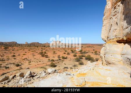 Vue panoramique sur l'Outback australien aride autour de Chambers Pillar, territoire du Nord, territoire du Nord, Australie Banque D'Images
