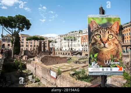 Rome, ITALIE - 28 JUIN 2017 - signe de bienvenue au Torre Argentina Cat Sanctuary, Rome, Italie. Banque D'Images