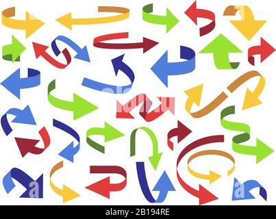 Flèche en 3 dimensions du ruban. Retourner les flèches, le pointeur coloré et l'icône ouverte. Jeu de symboles vectoriels de flèche de ruban incurvé Illustration de Vecteur