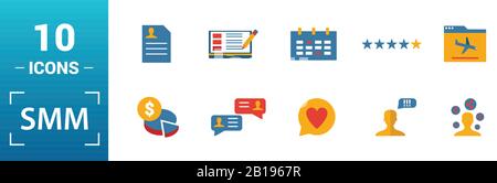 Smm icon set. Inclure des éléments de création, rédaction de contenu, l'information de l'utilisateur, la planification budgétaire, des hauts et des icônes de classification. Peut être utilisé pour rapport Illustration de Vecteur