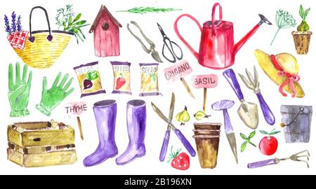 Kit d'aquarelles pour outils de jardin. Éléments pour autocollants et illustrations. Conception à ressort. Permaculture. Banque D'Images