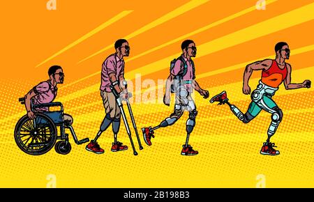 Évolution de la réadaptation. afrique homme prothèse de jambe Illustration de Vecteur