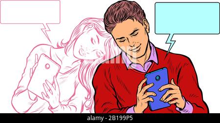 Un couple amoureux, un jeune homme et une fille discutent sur les réseaux sociaux par téléphone Illustration de Vecteur