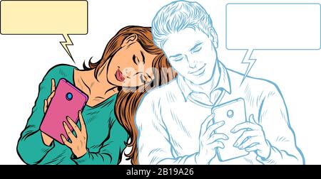 Un couple amoureux, un jeune homme et une fille discutent sur les réseaux sociaux par téléphone Illustration de Vecteur