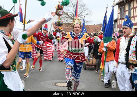 Herbstein, Allemagne. 24 février 2020. Bajazz Gregor saute dans les rues pendant la procession des cavaliers à Herbstein le lundi Rose. La procession du chevalier remonte à une vieille coutume du XVIIe siècle. Les grès tyroliens ont apporté la tradition à Herbstein. Crédit: Uwe Zucchi/Dpa/Alay Live News Banque D'Images