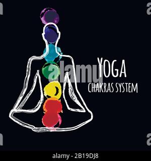 Illustration vectorielle. Silhouette assise dans lotus pose de yoga avec des couleurs chakras isolé sur noir Illustration de Vecteur