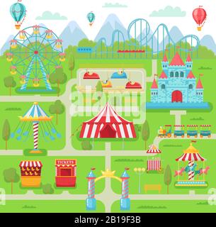 Plan du parc d'attractions. Carrousel d'attractions de festival de divertissement familial, montagnes russes et illustration vectorielle de roue ferris Illustration de Vecteur