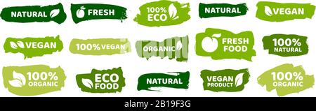 Étiquettes d'aliments biologiques. Produits végétariens écologiques frais, étiquette végétalienne et badges alimentaires sains ensemble vectoriel Illustration de Vecteur