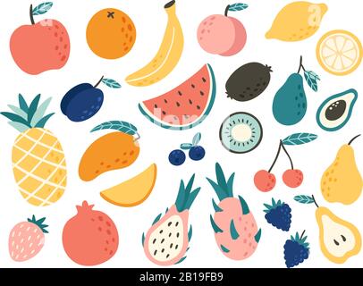 Doodle fruits. Fruits tropicaux naturels, caniches orange d'agrumes et citron de vitamine. Illustration vectorielle tirée à la main de la pomme de cuisine végétalienne Illustration de Vecteur