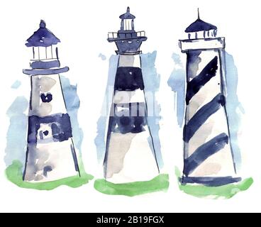 phare sur fond bleu de la mer et du ciel, illustration de l'aquarelle Banque D'Images