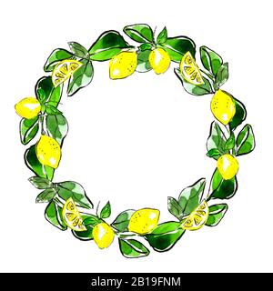 Couronne de feuilles et de citrons avec espace pour le texte. Fruits d'été jaunes. Banque D'Images