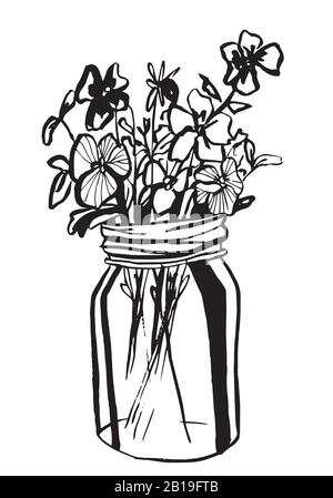 Fleurs diffuses dessinées à la main dans le pot de maçon. Illustration vectorielle. Page de coloriage. Illustration de Vecteur