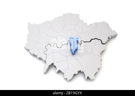 Carte du Grand Londres montrant Southwark borough en bleu. Rendu 3D Banque D'Images