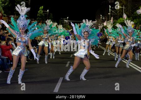 Funchal, PORTUGAL - FÉVRIER 2020: Les participants à la danse du Carnaval de l'île de Madère lors du défilé dans la ville de Funchal, l'île de Madère, Portugal. Banque D'Images