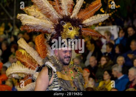 Funchal, PORTUGAL - FÉVRIER 2020: Les participants à la danse du Carnaval de l'île de Madère lors du défilé dans la ville de Funchal, l'île de Madère, Portugal. Banque D'Images