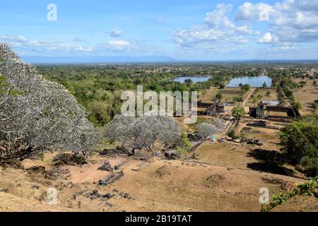 Vue depuis la montagne du temple Wat Phou, Champasak, Laos Banque D'Images