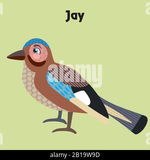 Cadre décoratif coloré mignon jay oiseau assis dans le profil. Les animaux sauvages et les oiseaux vectorisent des personnages de dessins animés à l'état plat dans différentes couleurs i Illustration de Vecteur