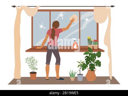 Nettoyage de la maison de printemps, femme lave une fenêtre dans l'appartement. Illustration vectorielle Illustration de Vecteur