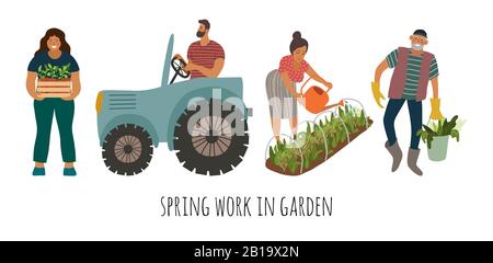 Ensemble vectoriel de personnes effectuant des travaux de printemps dans le jardin pour planter des semis de légumes Illustration de Vecteur