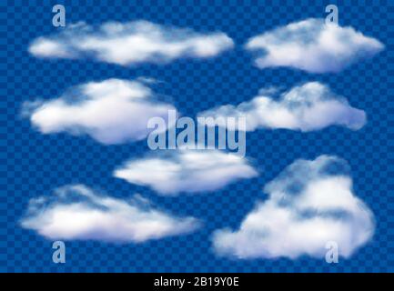 Nuages réalistes. Ciel nuageux, nuage moelleux et nuages de vapeur blanche ont isolé le scénario 3D Illustration de Vecteur