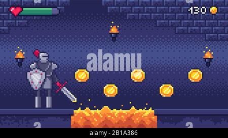 Niveau rétro de jeux informatiques. Pixel art scène de jeu vidéo 8 bit Warrior personnage collecte des pièces d'or, pixels illustration vectorielle de jeu Illustration de Vecteur