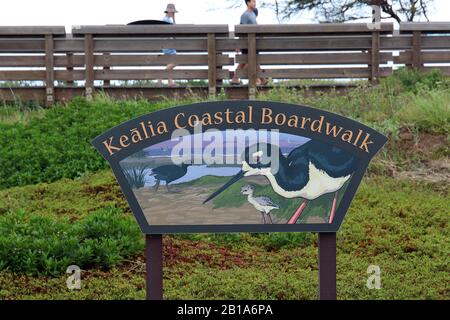 Un panneau de promenade côtière Kealia entouré de plantes dans la réserve naturelle nationale de Kealia Pond à Kihei, Maui, Hawaï Banque D'Images