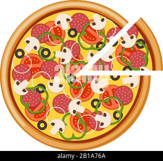 Pizza aux tomates tranchées champignons salami saucisse oignon poivron olives noires et fromage. Illustration du vecteur italien Fast food isolé eps Illustration de Vecteur