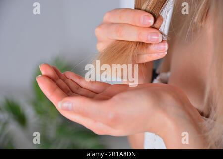 Blonde femme tenant et met les cheveux dans la main avec un remède. Traitement par un produit pour les cheveux endommagés. Se soucie des cheveux sains et propres Banque D'Images