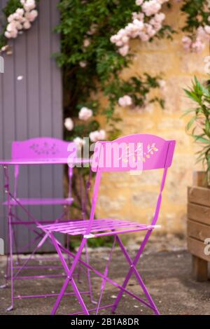 Deux chaises et une table peintes en rose dans un jardin avec des roses qui poussent sur un mur derrière Banque D'Images