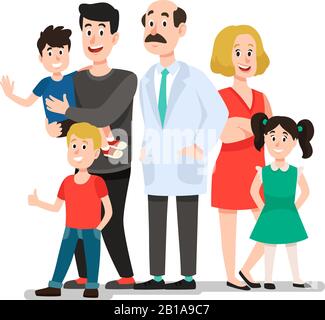 Médecin de famille. Souriant heureux patients portrait de famille avec dentiste, souriant enfants en bonne santé dessin vectoriel de dessin animé Illustration de Vecteur