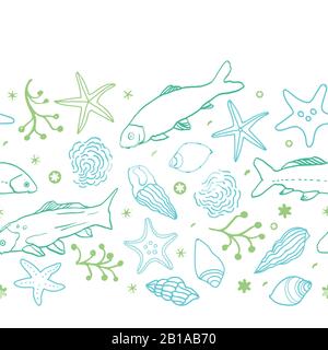 Sealife décrit la frontière horizontale avec les poissons, les étoiles de mer, les algues et les vagues dans les tons bleu et vert. Motif plage d'été. Motif de répétition de surface. Illustration de Vecteur