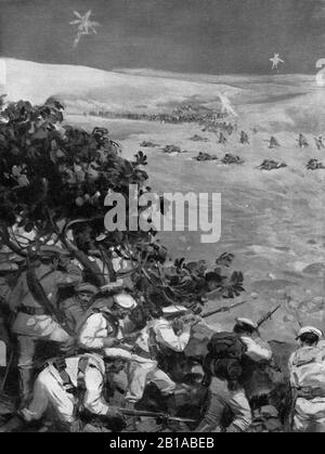 Une illustration vers 1911 des marins de la Marine royale italienne se défendant contre une attaque de l'armée ottomane turque devant Tripoli dans la nuit du 9 octobre 1911 en Libye pendant la guerre turque italienne de 1911 à 1912. Banque D'Images