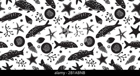 Sealife linocut modèle noir et blanc avec poisson, étoiles de mer, algues et vagues. Motif plage d'été. Motif de répétition de surface. Illustration de Vecteur