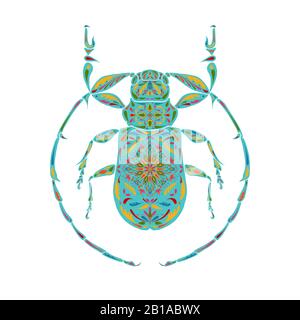 Une illustration, un graphique avec la menthe, vert cendré, coléoptère turquoise isolé sur un fond blanc. Dendroctone décorative et décorée avec ornement. Banque D'Images