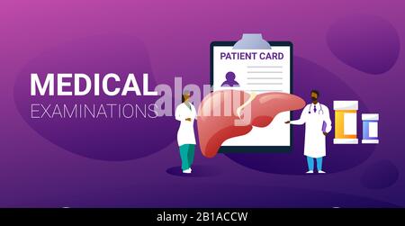 équipe de médecins examinant le foie humain consultation médicale inspection interne des organes examen concept de traitement espace de copie horizontal illustration vectorielle pleine longueur Illustration de Vecteur
