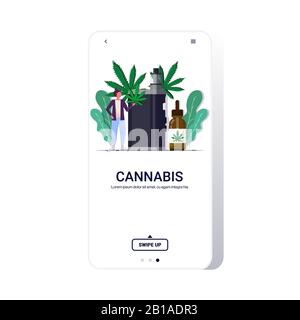 femme tenant la feuille de cannabis à l'aide de vaporisateur e-cigarette cbd vaporing drogue consommation concept marijuana liquide pour vaporiser smartphone écran mobile app copie espace pleine longueur illustration vectorielle Illustration de Vecteur