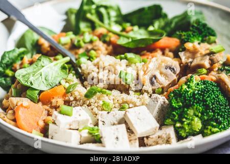 Ragoût de lentilles végétaliennes avec champignons, quinoa, épinards et brocoli dans un bol. Concept de nourriture végétalienne saine. Banque D'Images